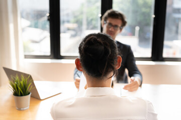 business man explain application documents and resume for match the position. company publishes vacancies online to find human. Human resource, interview, letters, competence.