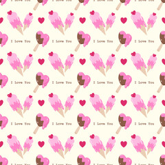 Valentine Seamless Pattern with Cute Heart Ice Cream Cones, Popsicles, and I Love You Text