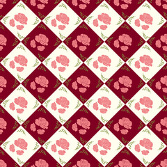 Elegant Seamless Pattern of Pink Roses and Leaves on Red and Cream Checkerboard Background
