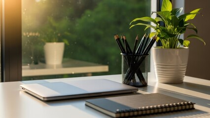 Desk with laptop, notebook, pencils, and plant by sunlit window overlooking greenery. Calm workspace