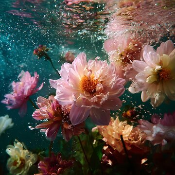 A serene underwater scene with vibrant flowers floating near the surface