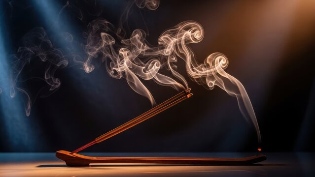 Aromatic incense sticks smoldering in a wooden holder. Abstract smoke patterns for relaxation and zen meditation with copy space.