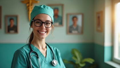 Young smiling nurse with glasses wears teal scrubs and cap. She has a stethoscope and stands in a clinic with framed pictures on wall. Bright sunlit window offers warm light.