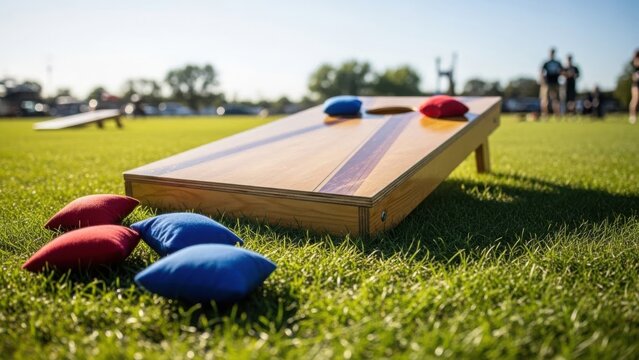 A wooden cornhole board with red and blue bean bags on a green lawn. Outdoor summer lawn game activity on a sunny day. Recreation and leisure concept