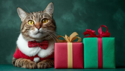 Cat Wearing Santa Clothes with Gift Boxes on Green Background
