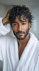 Indian people using shampoo, A man applying shampoo while standing, showcasing personal care and grooming in a natural setting.