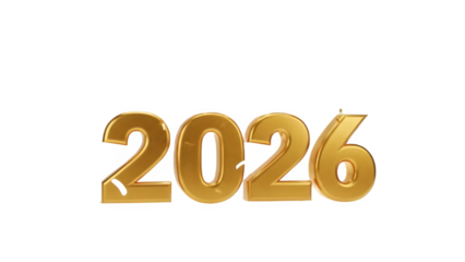 Golden 3D 2026 numbers, representing new year prospects. This graphic features a transparent background, delivered as a PNG for projects