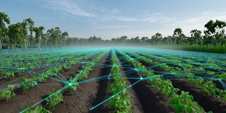 Futuristic smart agriculture with digital network and young green plants on farm