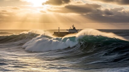 Ship Navigating Stormy Seas Under Dramatic Sunset