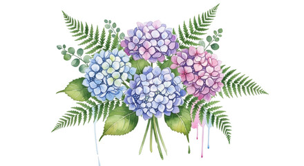 Watercolor bouquet of pink blue and purple hydrangeas with green ferns and dripping paint flowers floral