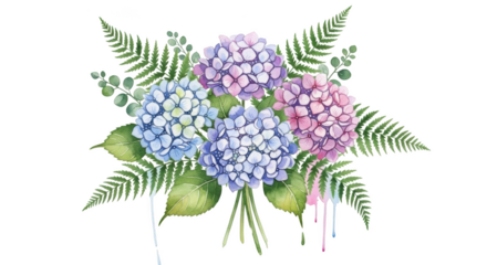 Watercolor bouquet of pink blue and purple hydrangeas with green ferns and dripping paint flowers floral