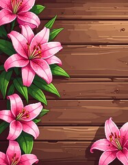 Pink lilies & greenery border wooden surface. Vibrant floral art with bright hues against brown wooden planks