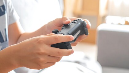 Person holding black gamepad in hands, playing video games indoors in soft, natural light near neutral-toned furniture