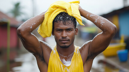 Indian people using shampoo, A man of Indian descent dries his freshly shampooed hair using a towel, showcasing a moment of personal care and grooming indoors.