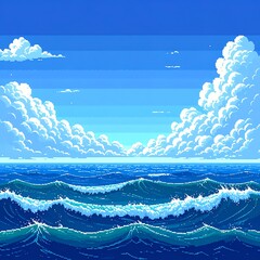 Pixelated blue ocean with waves under a partly cloudy bright blue sky, reminiscent of 8-bit video games