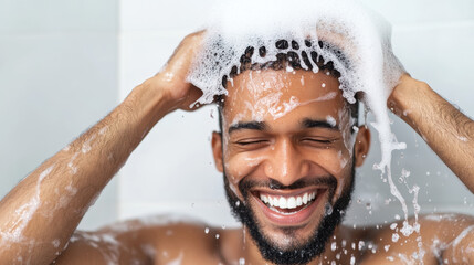Indian people using shampoo, An Indian man applies shampoo in a modern bathroom, showcasing personal care and grooming in a high-resolution image.
