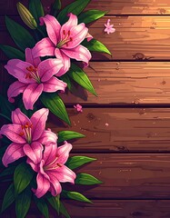 Pink lilies and green leaves on a wooden backdrop, art style, side lighting, soft shadows, warm colors