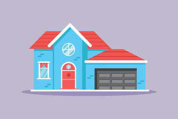 Beautiful house building with car garage. Cute House and Building Concept. Colored flat vector illustration isolated