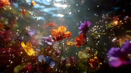 A vibrant and colorful underwater scene with flowers and bubbles floating in the water