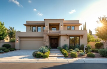 Fototapeta premium Modern beige stucco home with stylish landscaping. Two story house with garage and manicured front yard. Suburban residence exterior on sunny day with bright sky.