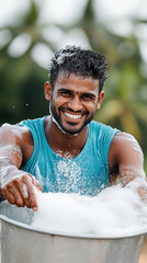 Indian people using shampoo, An Indian man shampooing his hair outdoors with a metal bucket, captured in high fidelity detail, showcasing a unique lifestyle moment.