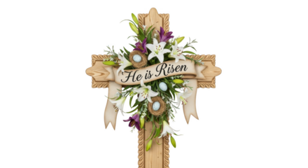 Wooden cross decorated with white lilies purple flowers nests and blue eggs with He is Risen banner Easter