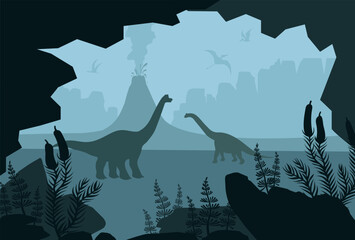 Silhouette of dinosaurs on nature landscape - eruption volcano, cave and prehistoric plants. Vector illustration with ancient diplodocus and pterodactyls.