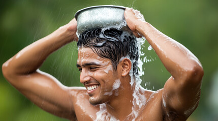 Indian people using shampoo, An Indian man is shampooing his hair outdoors, showcasing a natural setting with a focus on personal care and grooming.