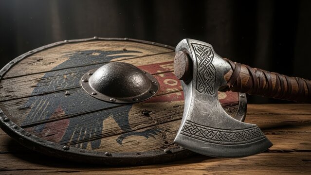 A Viking battle axe and a round shield with a raven symbol. Ancient Norse medieval weapon and armor on a rustic wooden table. Historical Scandinavian warrior equipment