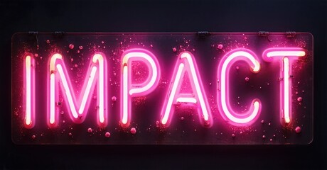 Bright pink neon sign spells IMPACT. Dark background emphasizes glowing text. Simple, bold design creates strong visual statement.