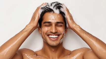 Indian people using shampoo, A man with clean, healthy hair showcases the results of shampooing, emphasizing vibrant hair care in a lifestyle setting.