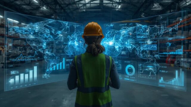 Woman in hard hat and safety vest looking at two large holographic screens displaying world maps and data charts in a warehouse
