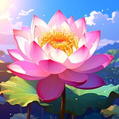 Pink lotus blossom in dreamy, anime style against a blue sky with diffused sunlight and soft focus background