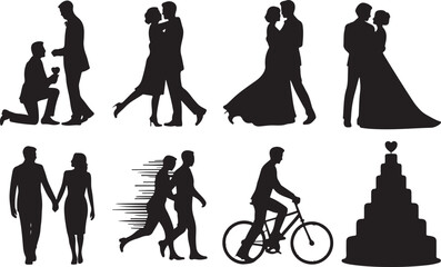 Romantic couple silhouette collection featuring wedding scenes, love poses, dancing, cycling, proposal moments, celebrating relationships, perfect for creative design and illustration projects