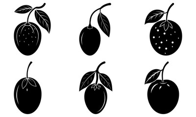 Five Black Eggplant Silhouettes with Leaves on White Background vegetable