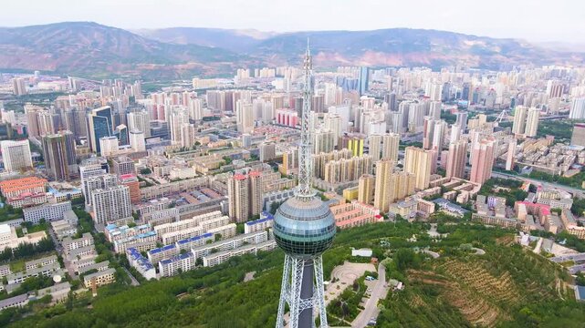 Aerial View of Xining City Skyline with Tower in Chengzhong District, Qinghai Province, China