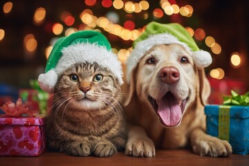 Cat and Dog Wearing Christmas Santa Cap with Gift Boxes on Floor