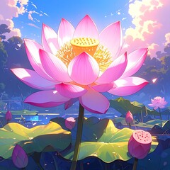 Pink lotus flower blooms amidst greenery, its petals glowing under a sunny sky with fluffy clouds in a vibrant nature scene