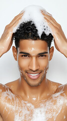 Indian people using shampoo, A man of Indian descent uses a two-in-one shampoo and conditioner, showcasing personal grooming in a high-resolution image.
