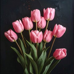 Pink tulips blossom against a dark textured backdrop