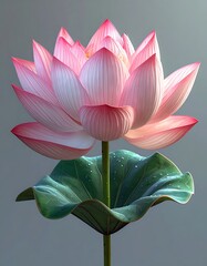 Pink lotus blossom with green leaf and stalk, soft lighting, muted grey background, graceful, symbolic