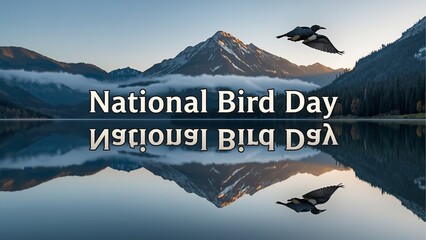 A serene mountain landscape with a lake and birds flying overhead on National Bird Day