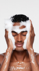Indian people using shampoo, A man of Indian descent is featured using a two-in-one shampoo and conditioner, captured in high fidelity with enhanced resolution.
