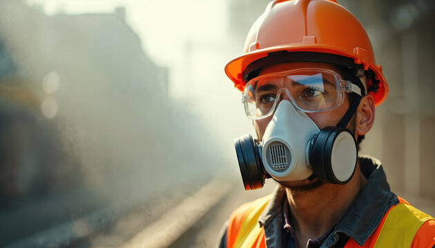 Industrial worker wears protective mask, goggles, hard hat and vest. Man breathes filtered air in hazardous air quality area. Protective gear prevents dust inhalation during work.