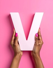 Pink V held by dark-skinned hands with manicured nails on a solid, flat pink background in a vertical view
