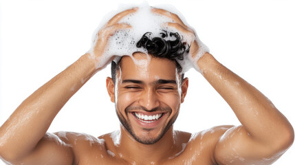 Indian people using shampoo, A man of Indian descent is shown using a two-in-one shampoo and conditioner, highlighting personal care in a vibrant, high-fidelity image.