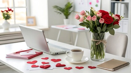 romantic desk with roses bouquet laptop coffee cup notepad and scattered heart decorations for valentine's day office surprise or work celebration