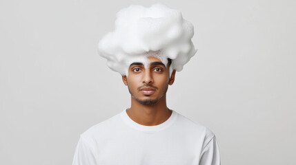 Indian people using shampoo, A portrait of an Indian man with white foam covering his entire scalp, highly detailed and enhanced for clarity and fidelity.
