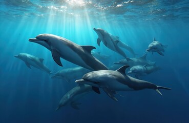 Naklejka premium Pod of dolphins swims in clear blue ocean water with sun rays filtering from above. Marine mammals move together in their natural habitat, showing group dynamics and aquatic life.