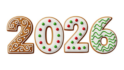 Festive gingerbread cookies forming the year 2026, intricately decorated with vibrant icing, perfect for holiday greetings and new year designs on a transparent background, PNG